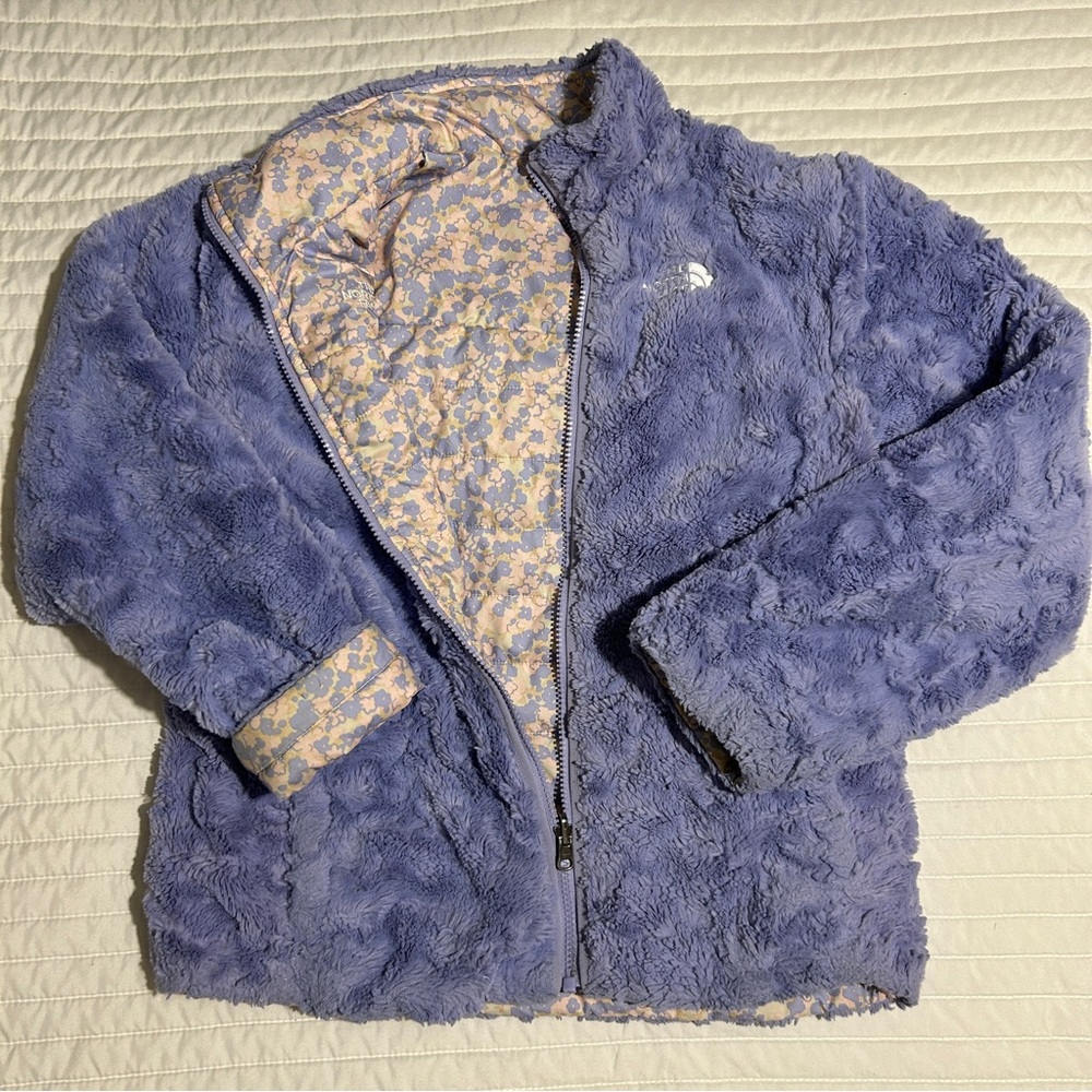 The North Face Reversible Mossbud Girls Lavender Fleece/Pink Floral Jacket/Coat